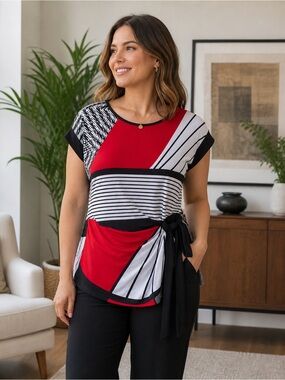 Frank Lyman Abstract Red Black White Top Tie Detail Stretchy Size S